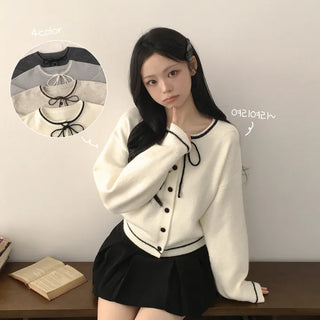 Lovely Mood, Wool Contrast Ribbon Strap Round Neck Avant-garde Loose Fit Knit Cardigan