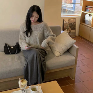 Dento Bocashi Hachi Boat Neck See-through Mesh Loose Fit Delicate Fit Knit
