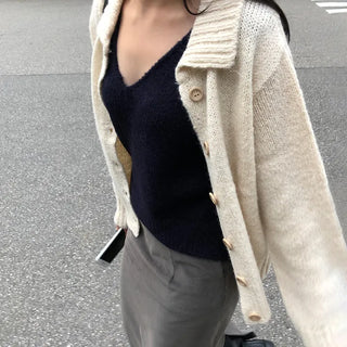 Women's Alpaca Collared Basic Loose Fit Cozy Ivory Cardigan for Transitional Season