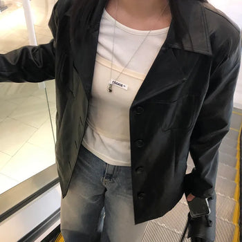 Minute Pocket Women's Leather Collar Loose Fit Cutout Transitional Black Jacket