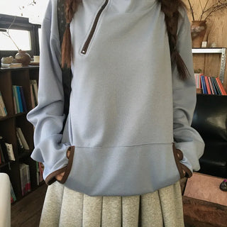 Diagonal zipper color block piping drawstring warmer hood
