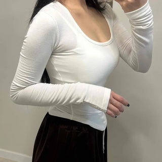 Soft Slim U-Neck Ribbed Long Sleeve T-Shirt