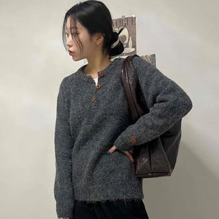 Round Half-Open Button Loose Fit Knit