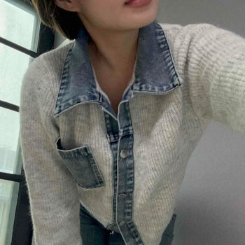 Washed Denim Vest Layered Loose Fit Knit Cardigan