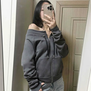 Oversized Zipper Off-Shoulder Sweatshirt