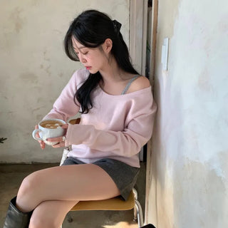 Rebar Hairy U-Neck Off-Shoulder Long Sleeve T-Shirt