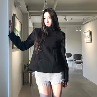 Wool shoulder-padded high-neck short coat