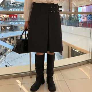 Dear Women's Buckle Midi A-Line Slit Loose Feminine Skirt