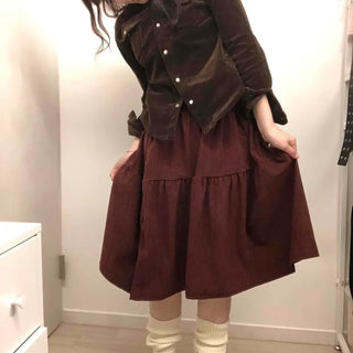 Corduroy Frill Shirred Volume Midi Skirt