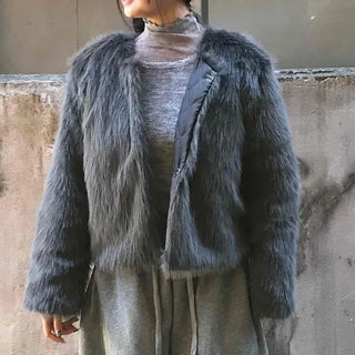Straight long hair fur hook cropped jacket
