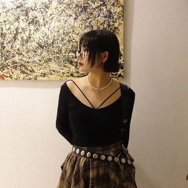 Fuzzy V-Strap Knit Top