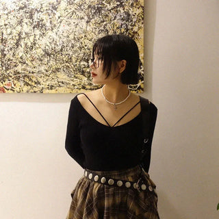 Fuzzy V-Strap Knit Top