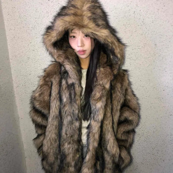 Midi Mixed Color Hooded Fur Jacket