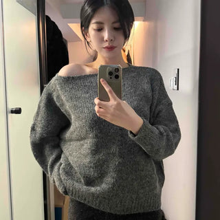 Fluffy Boat Neck Off-Shoulder Oversized Knit