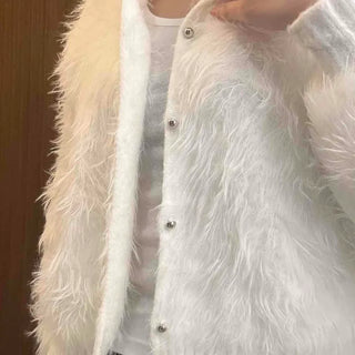 Faux Fur Button Hooded Cardigan