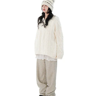 Ttasum Fleece-Lined Wide Pants Fleece-Lined Striped Plain High-Waisted Elastic Training Pants
