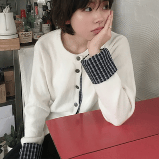 Sleeve check color block faux layered cardigan