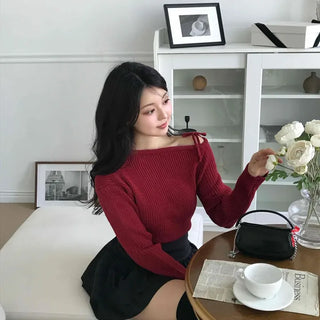 Slim Fit Ribbed Knit with Shoulder Ribbon Detail