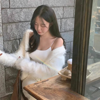 Hate Hooded Fur Knit Cardigan