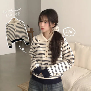 Cute Avant-garde Fit, Contrast Striped High Neck Collar Button Avant-garde Loose Fit Long Sleeve Knit