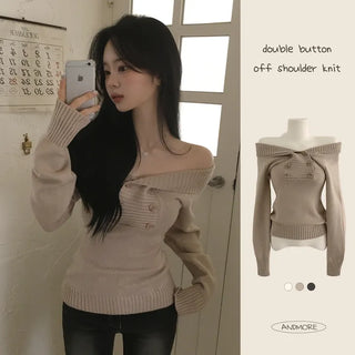 Figure-flattering Double-Button Off-Shoulder Slim Delicate Fit Long-Sleeve Knit