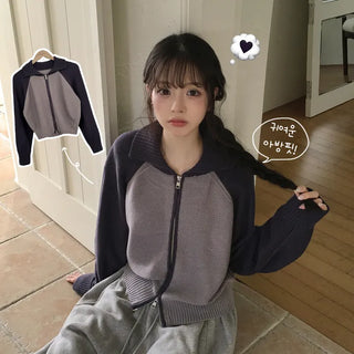 Guaranteed Cuteness, Contrast Collar Raglan Two-Way Delicate Avant-garde Fit Knit Zip-up Cardigan
