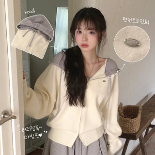 Guaranteed Beauty, Contrast Pendant Two-Way Delicate Avant-Ang Loose Fit Hooded Zip-Up Knit Cardigan