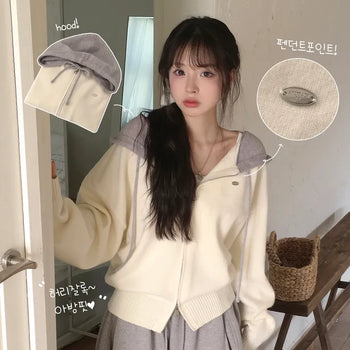 Guaranteed Beauty, Contrast Pendant Two-Way Delicate Avant-Ang Loose Fit Hooded Zip-Up Knit Cardigan