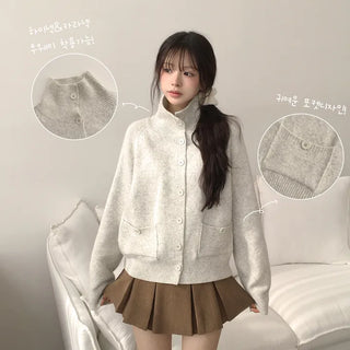 Cute Avant-garde Fit, High Neck Collar Button Pocket Avant-garde Loose Fit Knit Cardigan