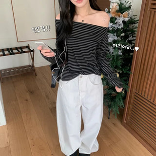 [Fit Guaranteed!/Buy It Out!] Effortlessly Chic Striped Off-Shoulder Spring Long Sleeve Tee