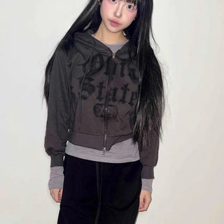 Street Lettering Print Crop Zip-Up Hoodie