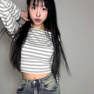 Striped Off-Shoulder Crop Long Sleeve T-shirt