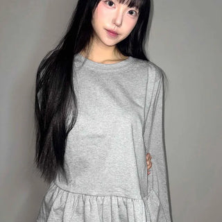 Round Neck Frill Hem Loose Fit Long Sleeve T-shirt