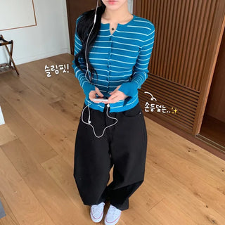 [Body Correction] Ribbed Basic Striped Spring Knit Cardigan