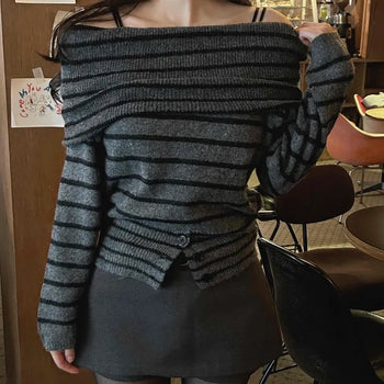 Rib Border Off-Shoulder Knit