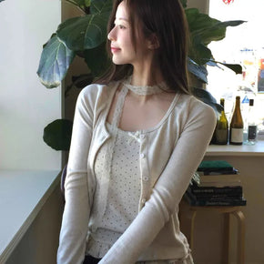 Soft Dot Frill Lace Cardigan Set