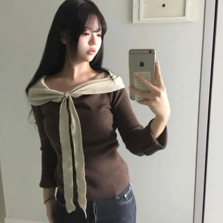 Shoulder Ribbon Shirring Off-Shoulder Slim Knit