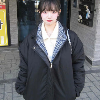 Check Color Block Boxy Fit Hooded Short Padded Jacket