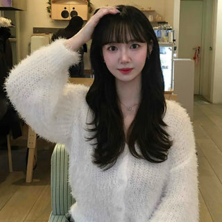 Fluffy Puff Sleeve V-Neck Cardigan