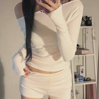 Boatneck Off-shoulder Warmer Shorts Two-Piece Set