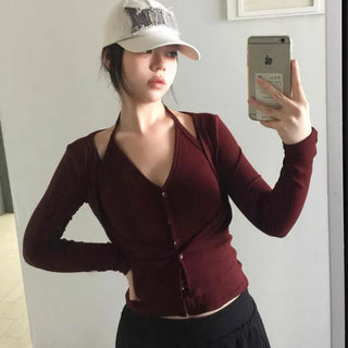 Effortless Slim Fit Button Crop Halter Neck Layered Cardigan Long Sleeve T-shirt
