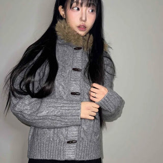 Vintage Fur Hooded Toggle Button Knit Cardigan