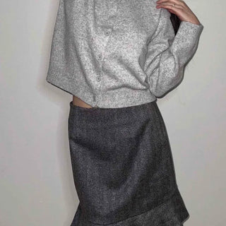 Herringbone Wool Banding Ruffle Midi Skirt