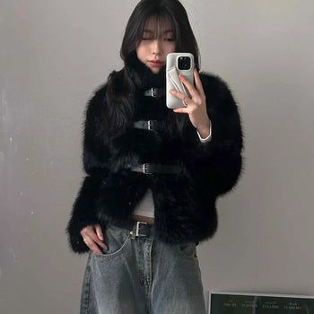 Black faux fur buckle jacket