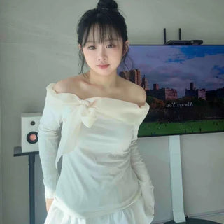 Romantic Off-Shoulder Ribbon Slim T-shirt