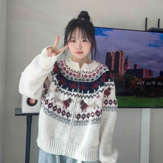 Jacquard Round Oversized Knit Zip-up