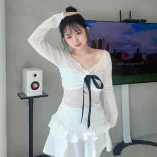 Frill Shirred Ribbon Long Sleeve T-shirt
