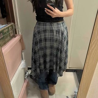 Hippie Check Flare Asymmetrical Midi Skirt