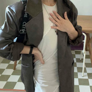 Wide Collar Single Button Leather Jacket