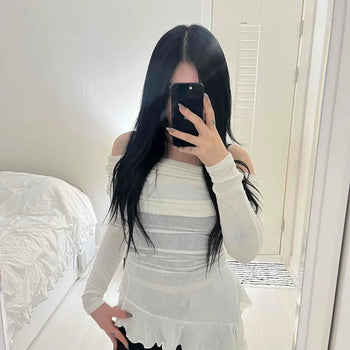Romantic Mesh Strap Off-Shoulder Long Sleeve T-shirt